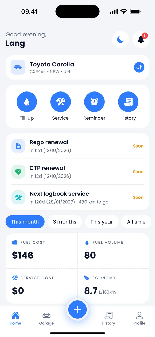 Petra home screen showing fuel spend, economy and rego reminders